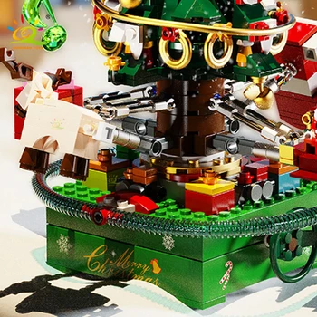 HUIQIBAO 722 бр. Градска Коледно дърво, Въртяща се Музикална Ковчег, Модел, строителни блокове, Детски Занаяти Дядо Коледа Със светлина, Коледни играчки