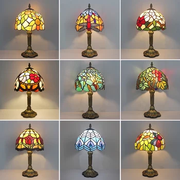 Настолни лампи от винтажного витражного стъкло Tiffany за спални, Средиземноморската Ретро светодиодна настолна лампа, Хол, кабинет, нощна светлина за четене