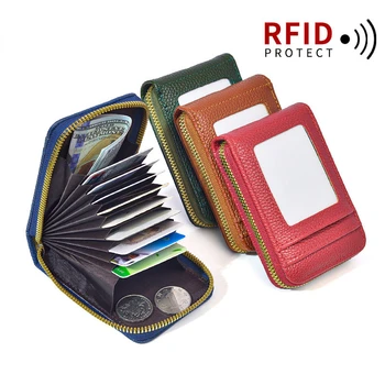 Мъжки портфейл от естествена кожа, държач за кредитни карти, RFID, вътрешен джоб с цип с няколко карти, Мъжка чанта с цип с няколко карти