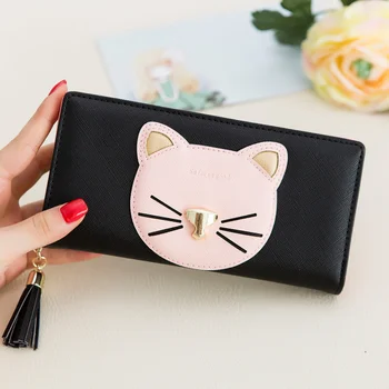 Жена портфейла на специална цена, сладък дълъг модерен чантата с анимационни котка джоб, дамска чанта