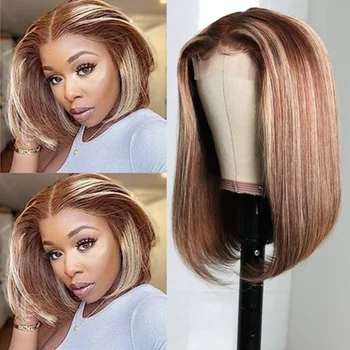 UNice Hair Носете Go Перука Кратък Боб на Меден Blond Цвят на Подсветката 6x4,5 Лейси Закопчалката Бесклеевой Перука От Човешка Коса за Жени Virgin Hair