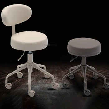 Скандинавски кожена козметичен стол, Салонная мебели за салон за красота, Стол с колела, Дизайн на облегалката-грамофони, Коса стол, Стол