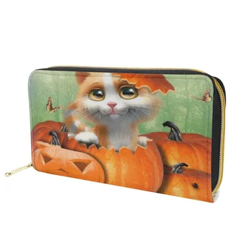 Чантата с фигура на Котка на Хелоуин, женски дълъг кожен портфейл за пари, ежедневни покупки, държач за кредитни карти, портфейл, празничен подарък