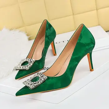 дамски обувки на висок ток 7,5 см, Луксозни лъскави обувки-лодки, Вечерни сватбени обувки на ток с остър пръсти