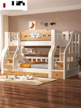 Горната и долната част на легло от масивно дърво, двуетажно легло, малко семейство, мъжки и женски, висока и ниска легло за майката, бяла бебешко легло, богат на функции