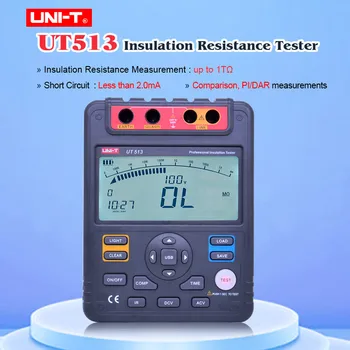 UNIT UT513 Мегомметр-Тестер на Съпротивлението на изолацията на 5000, 1 М-1 Кгом, Мегомметр за съхранение на данни/Аналогов хистограма/ПДО/USB Пренос на данни
