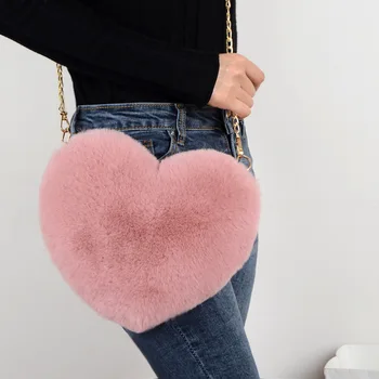 Зимата е мека е приятна чанта от изкуствена кожа заек Рекс, Дамски чанти-тоут, дамски чанти, чанта-месинджър, чанти през рамо с форма на сърце, чанта на верига