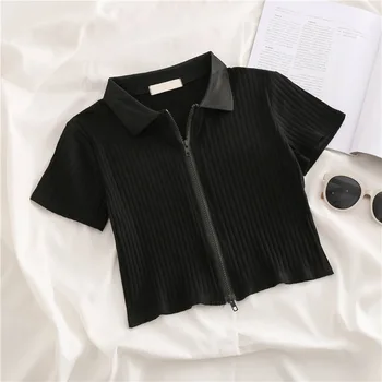 Лятна риза с висока талия и къс ръкав с цип, тънка риза с къс ръкав в гонконгском стил, черна