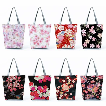 Чанти с принтом Сакуры, Дамски чанти-тоут Голям капацитет, чанти за пазаруване с цветен дизайн в японски стил, Ежедневни пътни плажни чанти