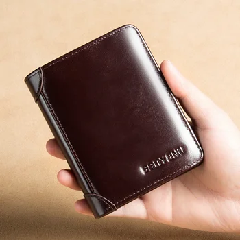 Кратък Мъжки портфейл от естествена кожа, Ретро държач за карти с RFID заключване, Мъжки многофункционални портмонета за монети, Луксозни пари