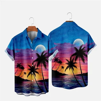 Пролетно-лятна мъжка риза с принтом на кокосовата палма, мъжки дрехи премиум-клас, класически и ежедневни Хавайска фланелка с къс ръкав в уличном стил