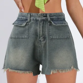 Дамски летни дънкови къси панталони с висока талия и завязками с джобове