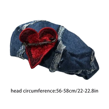 Дамски дънкови шапка-барета с аппликацией във формата на сърце, Мека шапка-капор, Скъпа шапка на художник, Модерен шапчица-Бини, Лятна Солнцезащитная Шапка на едро