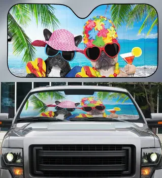 Хавайски френски булдог на летния плажа, Тента от Кокосова палма за кола, Подарък за фен на френския булдог, Хавайски Виброавтоотражатель от слънце, Вятър