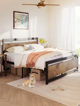 Рамка на легло с дървени таблата, 14-инчов метална платформа за легла Queen-size