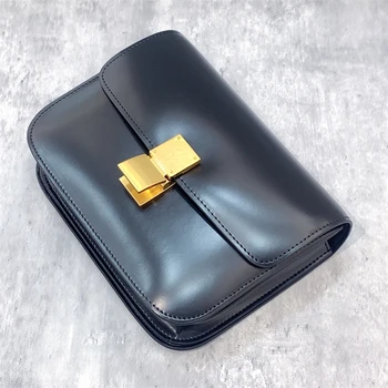 Класическа и Луксозна Дизайнерска Модна Чанта през рамо от естествена кожа, чанта Tofu, Женствена чанта-кутия с мек ключ и ключалка, 24 см (без лого) M01