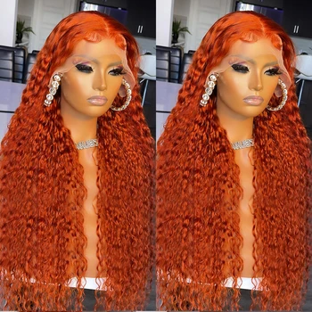 Имбирно-Оранжево 13x4 Прозрачен Перука с Дълбоки Вълни, Перука с подсветка, Перука с водни Swirls, Перуки, изработени от човешка коса за жени
