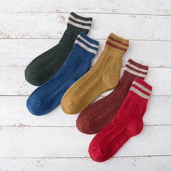 5 двойки/Женски вълнени чорапи до средата на прасците с винтажным дизайн в двойна ивица, идеални за зимни чорапи за жени