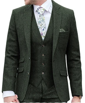 Moranx Класически мъжки костюми Regular Fit, Туид блейзър на коледна елха от 3 позиции + жилетка + панталони за сватба