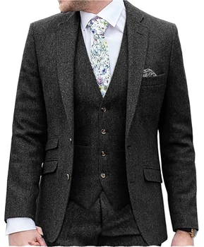Moranx Класически мъжки костюми Regular Fit, Туид блейзър на коледна елха от 3 позиции + жилетка + панталони за сватба