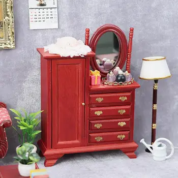 Миниатюрна дървена кукла къща с червени чекмеджета, Тоалетка, ретро игри къща украса за спални