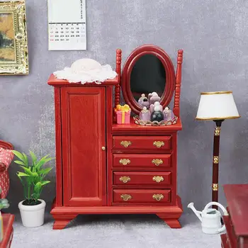 Миниатюрна дървена кукла къща с червени чекмеджета, Тоалетка, ретро игри къща украса за спални