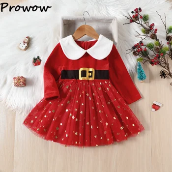 Prowow/ Детски Коледни рокли за момичета от 0 до 5 години, Червено бархатное рокля със звездите, Детска Коледна облекло Принцеса, Детски Коледен костюм