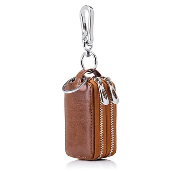 Чантата за ключовете от къщи и коли от естествена телешка кожа, с двоен джоб с цип, мини-портфейл Землисто жълт Цвят-за мъже и жени, държач за ключове, Прозрачен джоб
