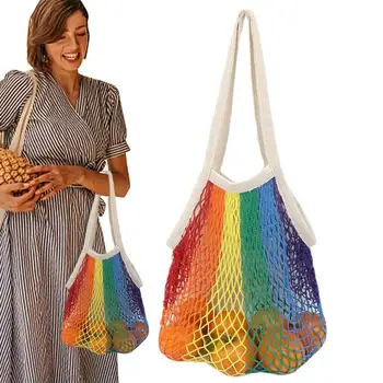 Памучен mesh bag Еластични и цветен дизайн, за Многократна употреба за Хранителни стоки чанти, Мрежест Органайзер за пазаруване, чанта за съхранение на зеленчуци