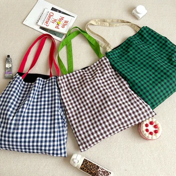 Дамски холщовая чанта в контрастен цвят, голяма простор, дамски чанти за многократна употреба за пазаруване, проста клетчатая дамска чанта-тоут, чанти-портфейли