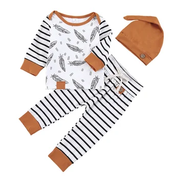 Дрехи За новородени, 3 бр., тениска + панталони на райета, комплекти дрехи за пролетта и есента с дълъг ръкав за деца, шапка