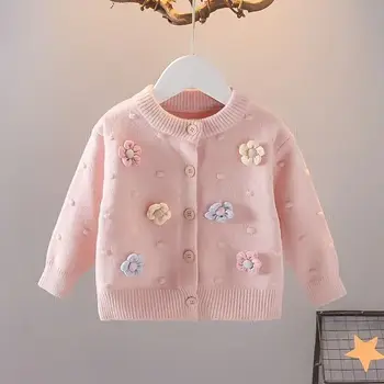Жилетка за малки момичета, пролет-есен, топли сладки блузи с дълъг ръкав и 3D цветен принтом, дрехи, вязаный пуловер, детско палто, яке