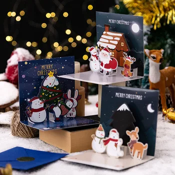 3D изскачащи Картички от Дядо Коледа, Сгъваеми Поздравителни картички за Коледа, Коледен подарък за Нова година, Поздравителни картички, Благодарствени картички, украса