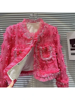 Най-новите модни дизайнерски яке 2023 година на Главната УЛИЦА, дамски къс яке от ярка коприна с пискюли от твида