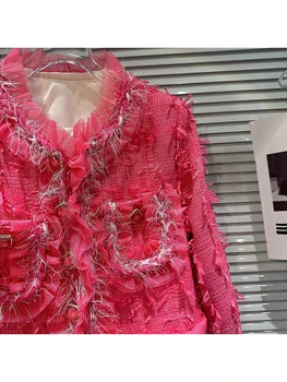 Най-новите модни дизайнерски яке 2023 година на Главната УЛИЦА, дамски къс яке от ярка коприна с пискюли от твида