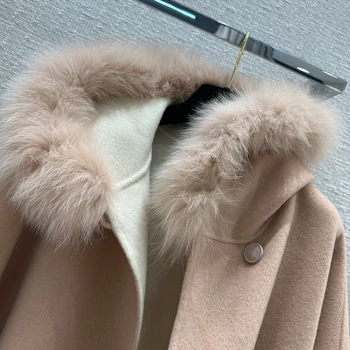 2023 есен зима дизайнерско кашемировое вълнена нов прием на брендовое палто, Наметало с кожа клас апартамент за зимата за жени