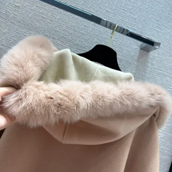 2023 есен зима дизайнерско кашемировое вълнена нов прием на брендовое палто, Наметало с кожа клас апартамент за зимата за жени