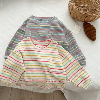 Детска тениска 2023, пролет-есен, по Нова мода ярка раирана риза с джобове за момчета и момичета, пуловер с кръгло деколте, топ