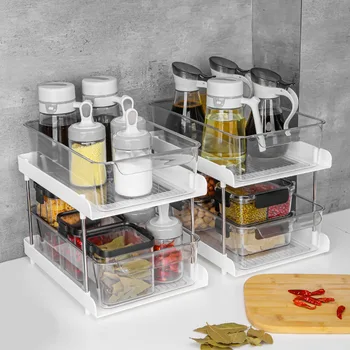 Шкаф за съхранение на домашни любимци с 2 чекмеджета, Органайзер за бутилки със соев сос, оцет, подправки, Кухненски разтегателен отделение за съхранение в хладилника