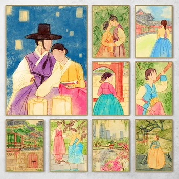 Корейски Инфинити плакат, двойки, облечени в Ханбок, Ориенталски жени, живопис върху платно и щампи, стенно изкуство, Декорация за дома в хола