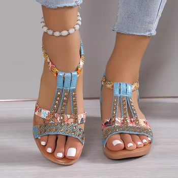 Дамски сандали на танкетке, Летни богемные сандали на платформа с кристали за почивка, Дамски градинска и плажна обувки с отворени пръсти