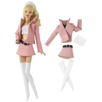 NK 1 Пакет, Кожен розово палто, Комплект дрехи за кукли Барби, яке, пола, Ботуши от изкуствена кожа за кукли Барби 1/6, Аксесоари за кукли, детски играчки