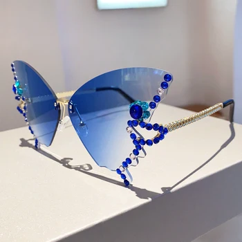2023 Нови слънчеви очила-пеперуда без очила с кристали, Модни Извънгабаритни Реколта дамски слънчеви очила, Модерен очила луксозен марка