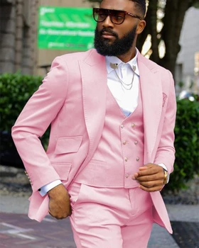 Розови прилепнали пълни с мъжки костюми, комплекти, ушити по поръчка, Сако, панталон, Костюм за сватбата, палта, дрехи за парти Младоженеца-3 бр. яке + жилетка + панталони
