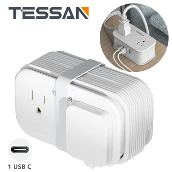 Удължителен кабел плоска контакти TESSAN с 4 розетки и 3 USB порта, удължител 7 в 1 с ультратонким удлинителем с дължина 3 метра за Дома
