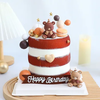 Украса на торта за рожден ден, кукла с лък и мечка, 3D меки гумени украса, пенопластовый топка, топперы за торта, поставяне на знак за рожден ден, сватбен декор