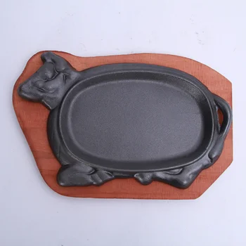 Гореща разпродажба, Чугунен чиния за пържола на тиган с съска, с дървена поставка за една пържола (във формата на крава)