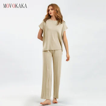 MOVOKAKA/ Пролетно-летни Дамски ежедневни плетени комплекти от две части, обикновена върховете на бретелях без ръкави, риза и широки панталони, Вязаный комплект от Ледената коприна