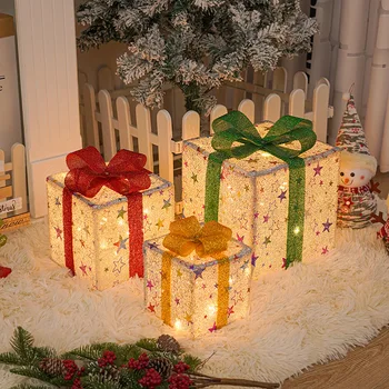 3 бр. Светодиодна Коледна подарък кутия с лък, Коледна кутия за украса на Коледната партита, Коледни декоративни аксесоари 2024