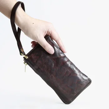 AETOO, мъжки дълга кожена торбичка за носене на пари в ретро стил, baotou, ръчна чанта от телешка кожа, с висококачествена чанта с цип за захващане на ръцете